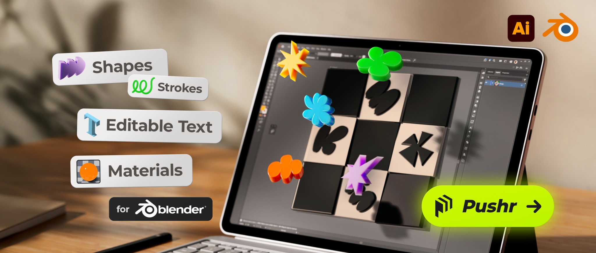 Pushr for Blender sending Illustrator shapes, strokes, editable text, and materials into Blender